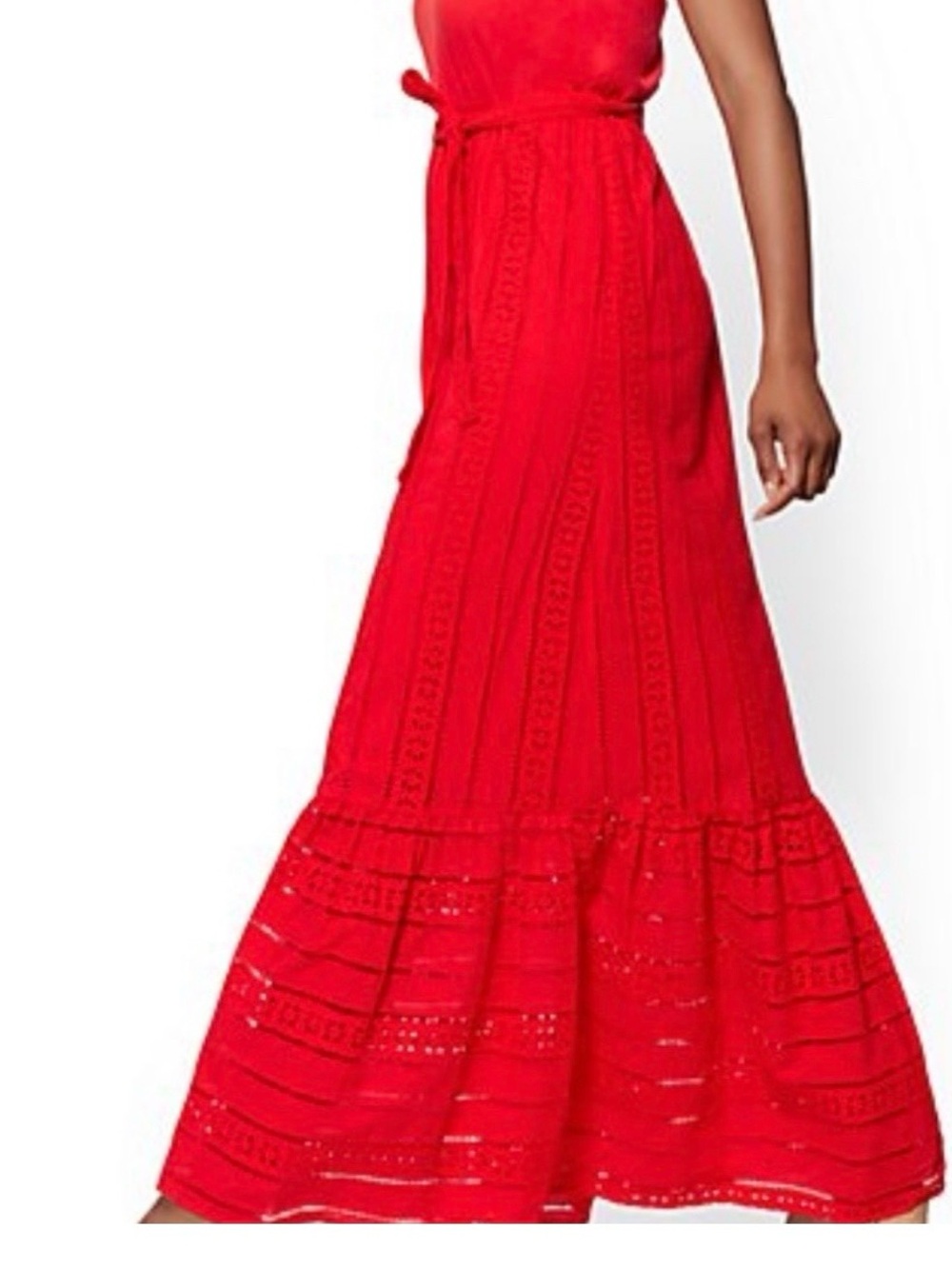 New York & Company Bright Red Eyelet Maxi Dress with Tie Waist